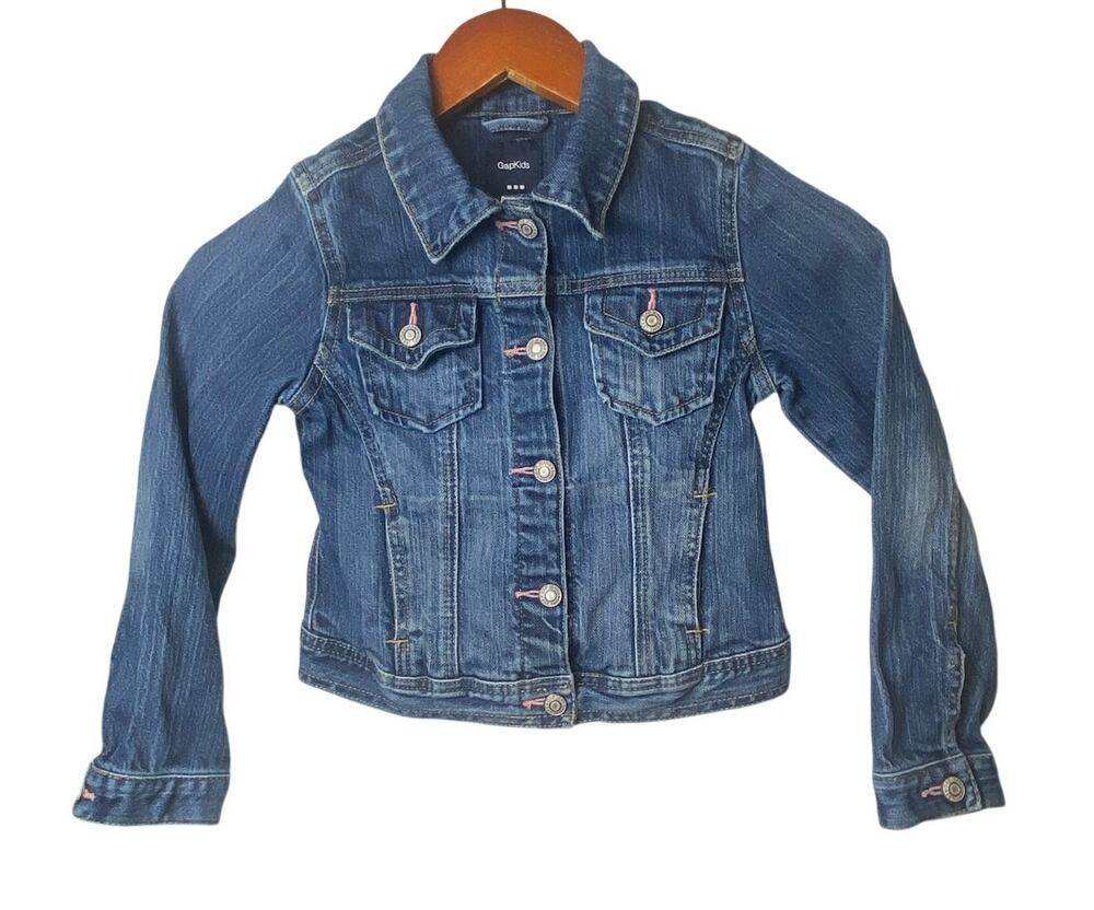 Gap Kids Girls Denim Full Button Front Pink Thread Accent Jean Jacket Size 5
